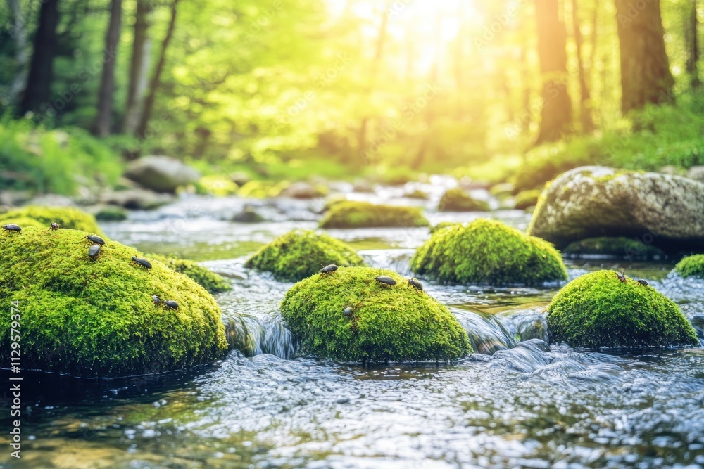 Sunlit stream flowing over moss-covered rocks in a forest. Sunlit stream flowing over moss-covered rocks in a forest.