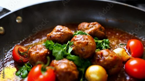 Slow Motion Meatballs Splashing into Pan with Fresh Tomatoes, Herbs, Garlic & Sauce