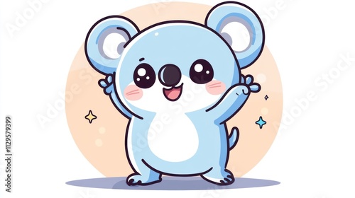 Adorable light blue koala bear cartoon character waving happily. photo