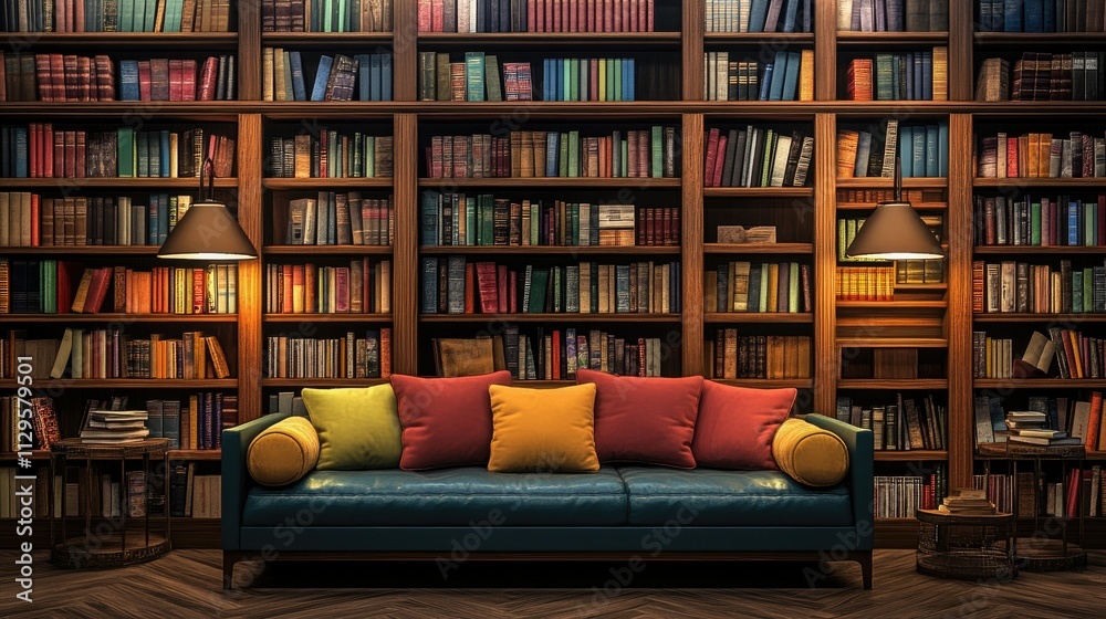 A modern bookstore interior featuring tall bookcases stacked with colorful books and a plush sofa for comfortable reading A modern bookstore interior featuring tall bookcases stacked with colorful books and a plush sofa for comfortable reading