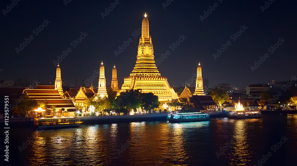 Wat Arun temple in Bangkok, Thailand, glows beautifully at night. Wat Arun temple in Bangkok, Thailand, glows beautifully at night.