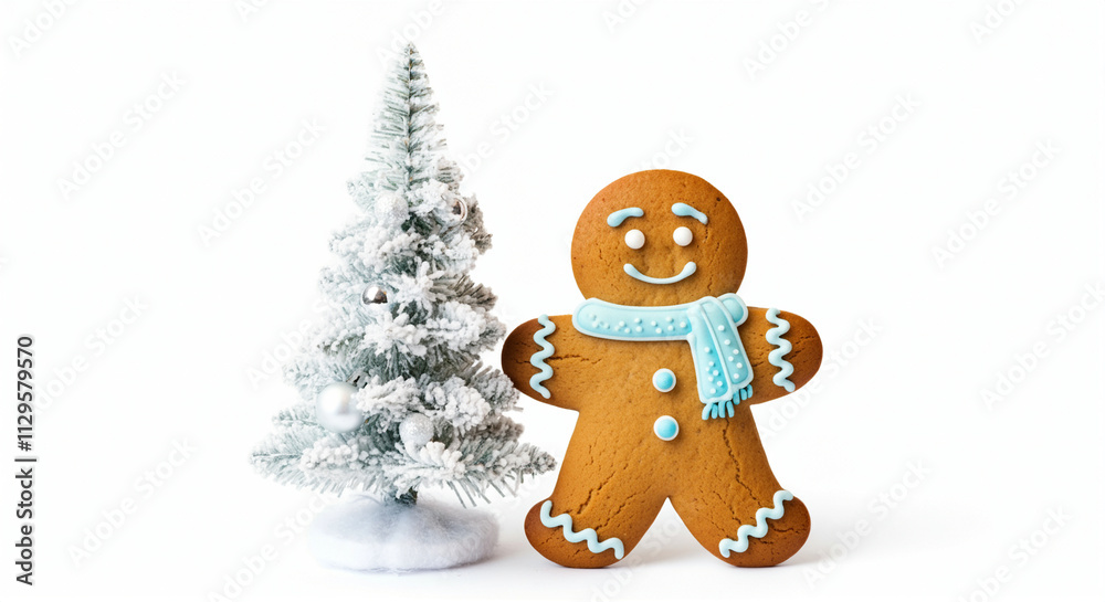 Gingerbread man and Christmas tree with decorations in festive scene celebrating winter holidays Gingerbread man and Christmas tree with decorations in festive scene celebrating winter holidays