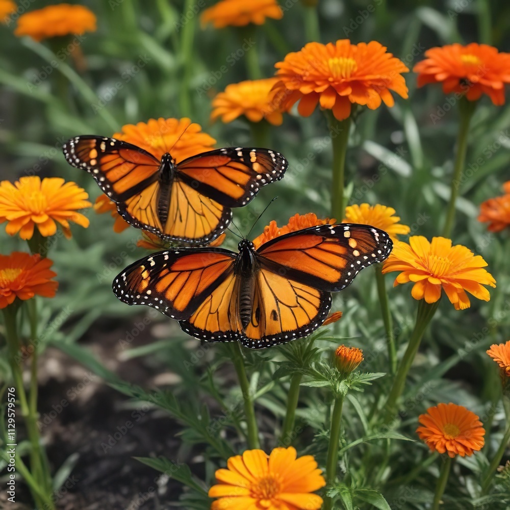 Obraz premium A pair of monarch butterflies on a patch of bright orange marigold, vibrant, wildlife