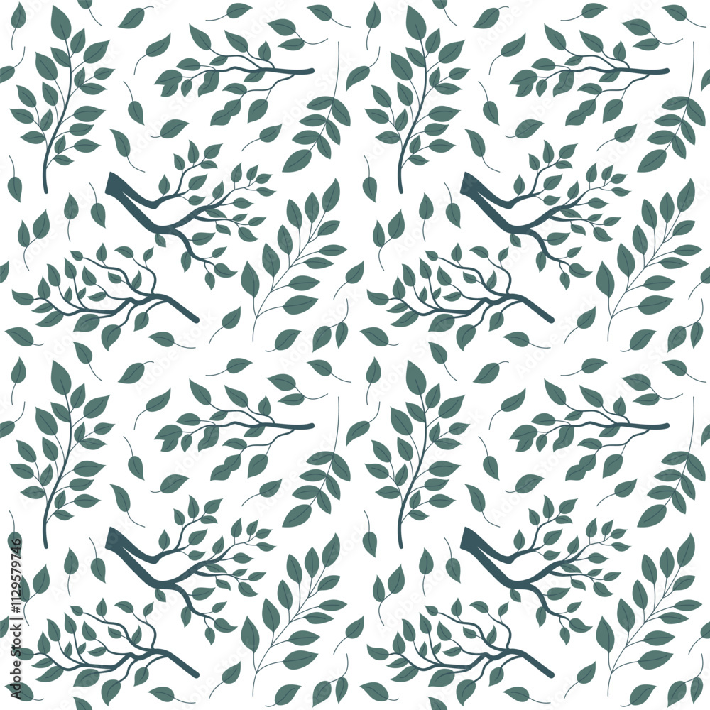 Seamless pattern of stylized branches and leaves, designed in vector flat art style. Seamless pattern of stylized branches and leaves, designed in vector flat art style.