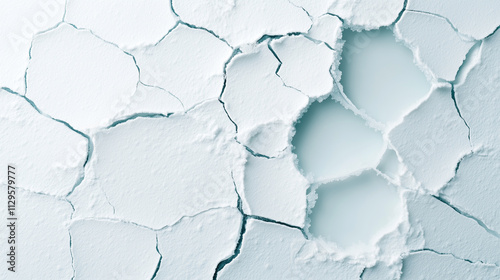 A high-resolution top-down view of compacted snow featuring visible cracks and open gaps, showcasing intricate textures, frosty details, and a natural winter design with minimalistic elegance. photo