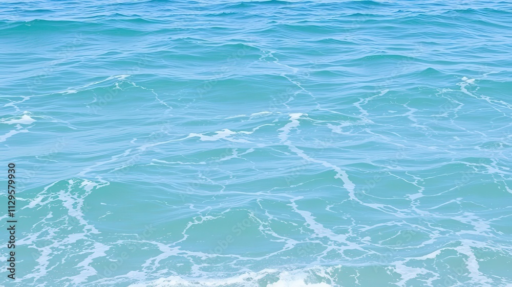 Pure blue turquoise water texture with white foam waves crashing on the shore, natural, sea