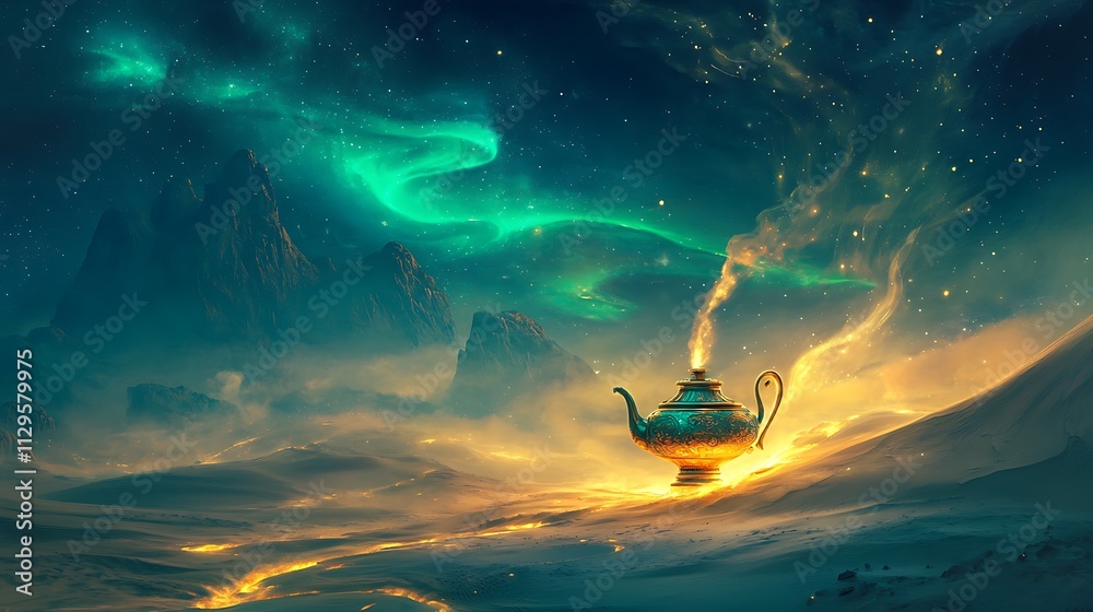Fototapeta premium Enchanting Genie Lamp In A Mystical Desert Landscape
