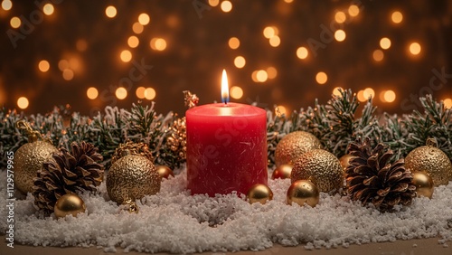 Festive red candle with golden baubles and pinecones on snowy background