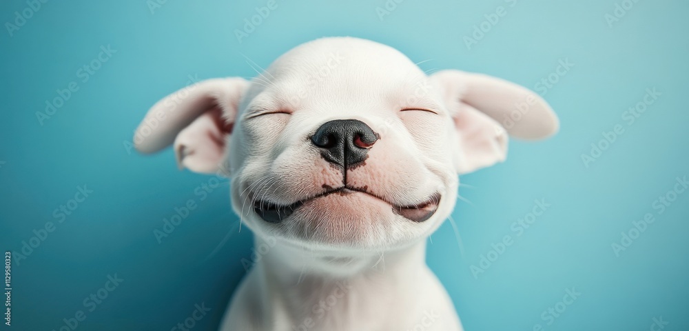 Adorable white puppy sleeping peacefully on a light blue background. Adorable white puppy sleeping peacefully on a light blue background.