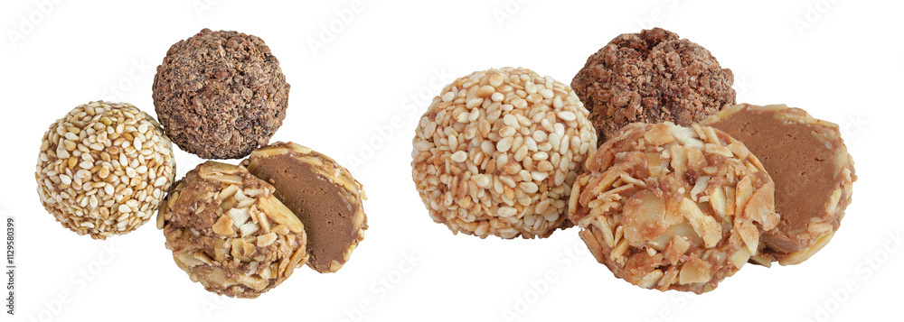 A variety of different truffles Isolated on a white background. Top view. Flat lay. A variety of different truffles Isolated on a white background. Top view. Flat lay.