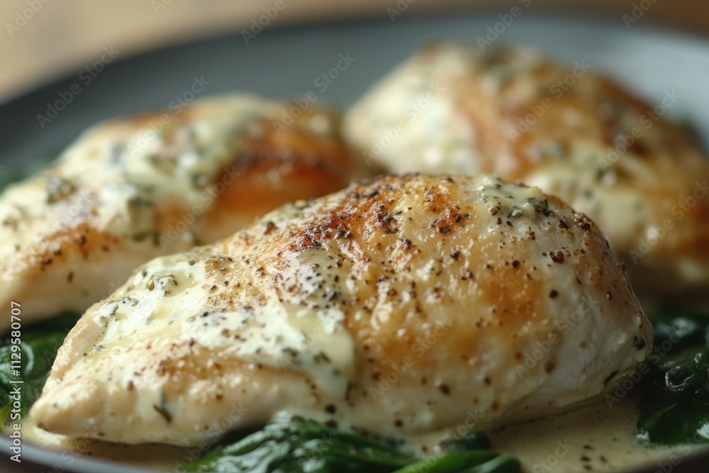 Closeup of baked chicken breasts with cream cheese and spinach on a plate Vertical Closeup of baked chicken breasts with cream cheese and spinach on a plate Vertical