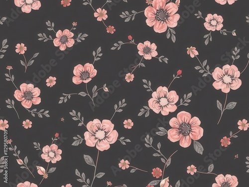 Seamless charcoal small floral elements wallpaper design with delicate flowers and leaves, flowers, elements, wallpaper