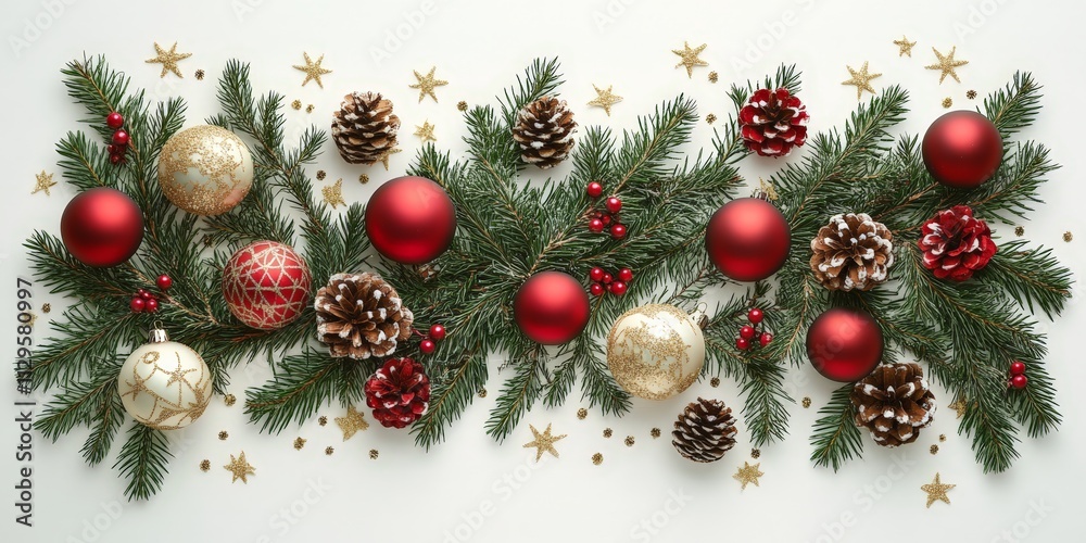 Red and Gold Christmas Frame with Pine Branches Red and Gold Christmas Frame with Pine Branches