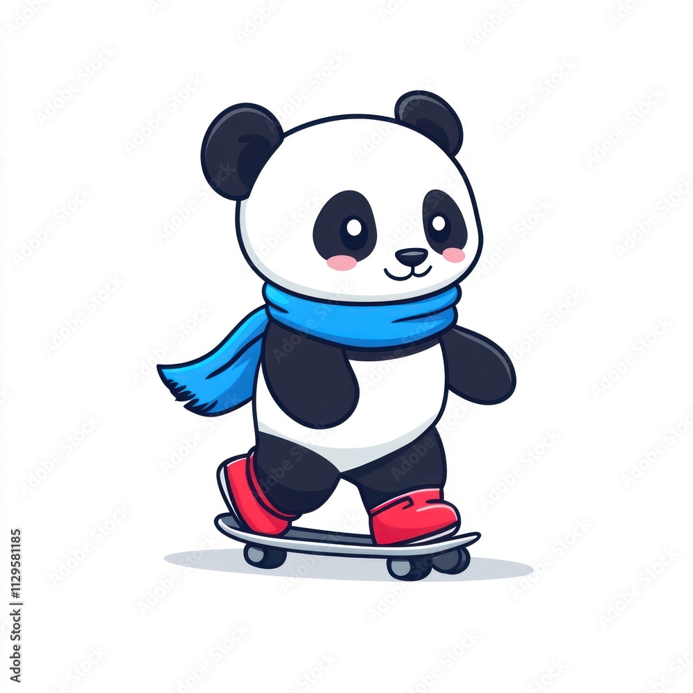 Cute panda wearing a scarf skateboarding. Cute panda wearing a scarf skateboarding.