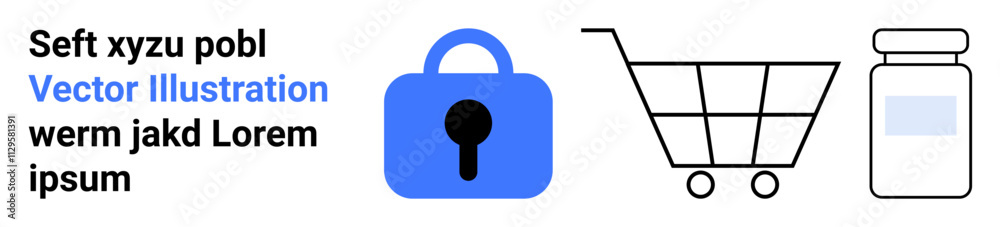 Padlock symbolizing security, shopping cart representing e-commerce, and medicine bottle indicating healthcare applications. Ideal for online shopping, cybersecurity, healthcare, pharmaceutical Padlock symbolizing security, shopping cart representing e-commerce, and medicine bottle indicating healthcare applications. Ideal for online shopping, cybersecurity, healthcare, pharmaceutical