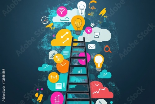 Creative concepts of innovation and technology intertwine with a ladder leading upwards
