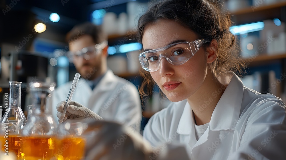 Female scientist in a lab coat conducting experiments with glassware, showcasing focus and determination. Female scientist in a lab coat conducting experiments with glassware, showcasing focus and determination.
