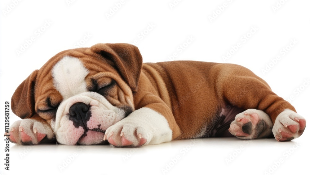 Adorable English Bulldog puppy sleeping peacefully on white background. Adorable English Bulldog puppy sleeping peacefully on white background.