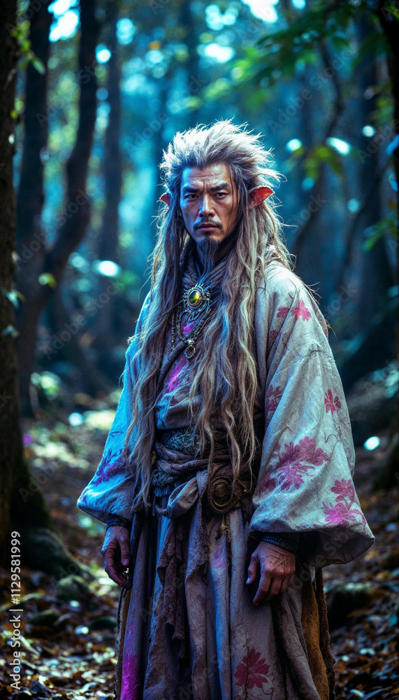 Fototapeta premium Forest Guardian: Mystic Warrior in Enchanted Woods with Flowing Silken Attire