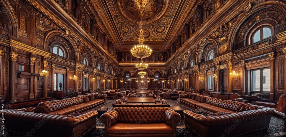 Obraz premium A large event hall featuring plush leather lounges, ornate gold-accented chandeliers, and intricate woodwork decorating the high ceilings and walls
