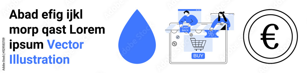 Drops of water, shopping cart icon on screen, and Euro currency symbol. Ideal for fintech, online shopping, e-commerce, digital marketing, financial services graphic design web design. Landing page Drops of water, shopping cart icon on screen, and Euro currency symbol. Ideal for fintech, online shopping, e-commerce, digital marketing, financial services graphic design web design. Landing page