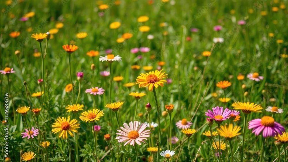 Vibrant daffodil flowers stand tall in a vast field of green grass under a clear blue sky, fresh, vibrant, wildflowers Vibrant daffodil flowers stand tall in a vast field of green grass under a clear blue sky, fresh, vibrant, wildflowers