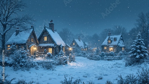 Cozy village at night snowfall warm lights winter holiday vibes