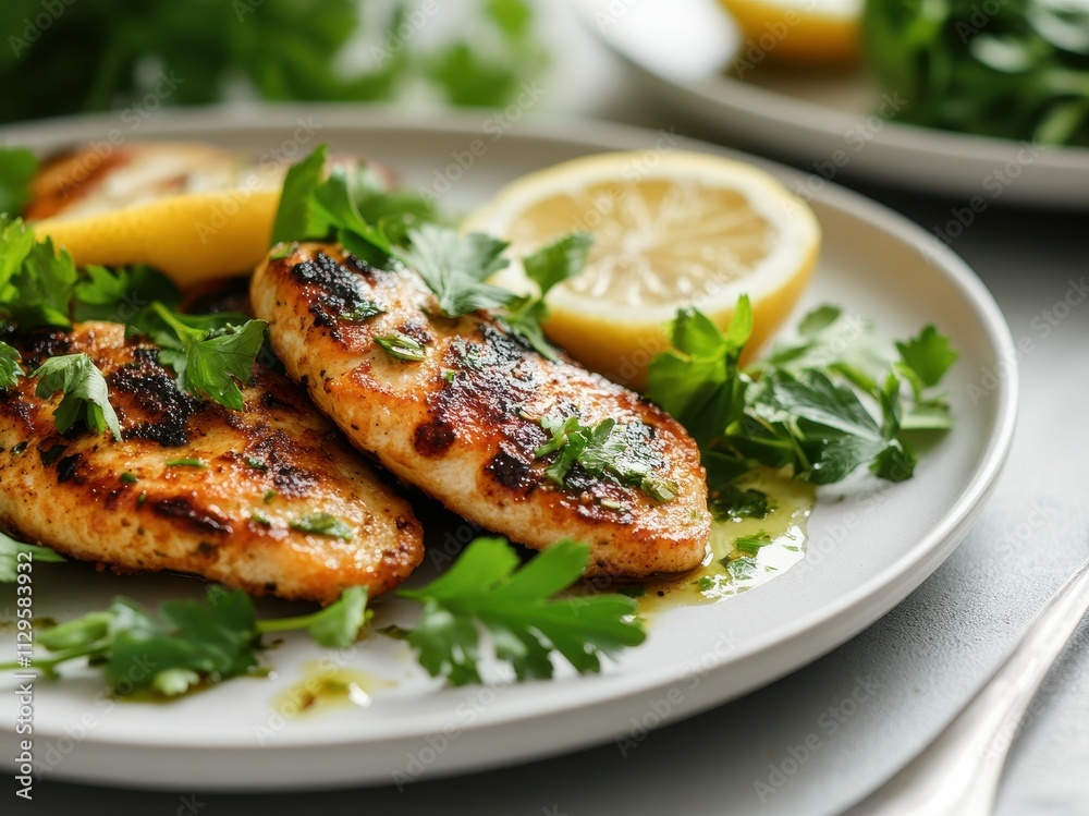 Coriander and lemon chicken schnitzel on a plate Coriander and lemon chicken schnitzel on a plate