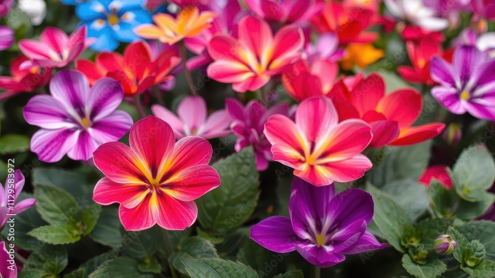 Vibrant purple flower petals and leaves in a lush green garden setting, botanical, petals Vibrant purple flower petals and leaves in a lush green garden setting, botanical, petals