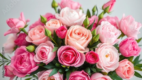 Fototapeta Naklejka Na Ścianę i Meble -  Vibrant pink peonies and roses arranged in a fresh bunch with ample copy space, flowers, spring