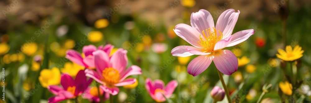 Vibrant yellow daffodil flowers blooming in a lush green field under the bright sun, outdoor, vibrant, petal Vibrant yellow daffodil flowers blooming in a lush green field under the bright sun, outdoor, vibrant, petal