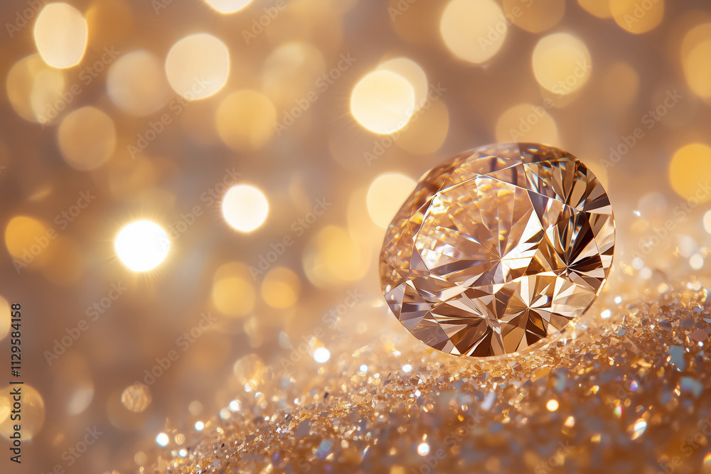 Close-up of a sparkling stone in a classic cut on a gold background with bokeh Close-up of a sparkling stone in a classic cut on a gold background with bokeh
