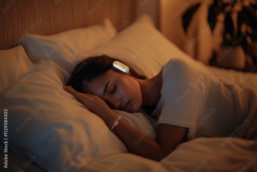 Modern wearable sensor tracks health metrics during restful sleep at home in a cozy bedroom environment Modern wearable sensor tracks health metrics during restful sleep at home in a cozy bedroom environment
