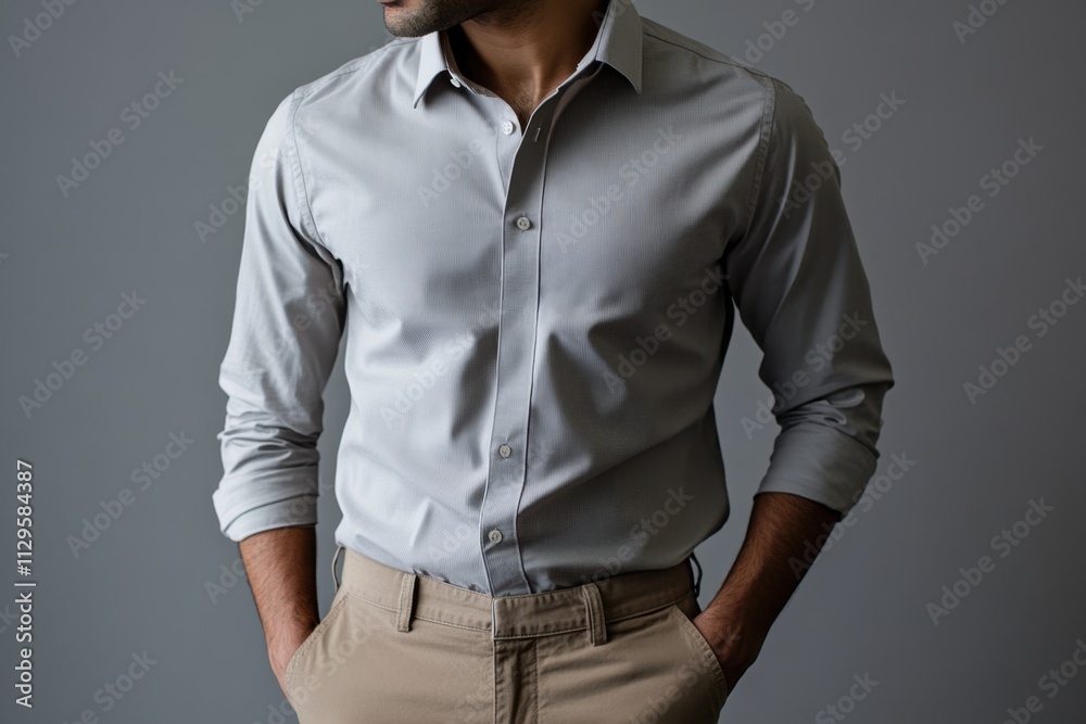 Fototapeta premium Man in a light gray button-up shirt poses confidently with hands in pockets against a neutral background