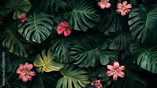 Tropical Paradise: Lush Monstera Leaves and Delicate Pink Flowers