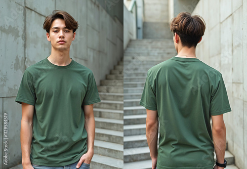 Front and back view male young man Green t-shirt mockup model outdoor photo shot in front of a concrete wall and staircase.