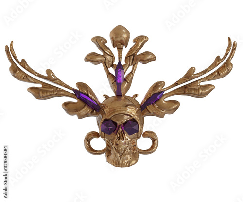 3D rendered golden ornament with a skull shape isolated on transparent background  photo