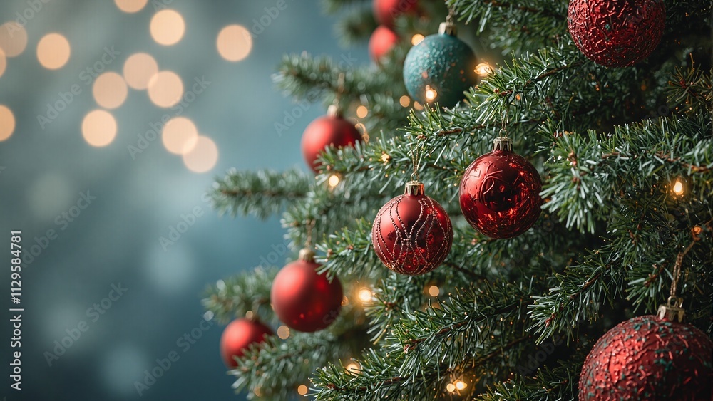 Fototapeta premium Festive Christmas tree with colorful baubles and twinkling lights for holiday promotions