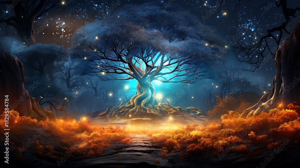 Fototapeta premium A mystical tree illuminated by ethereal lights in a dark forest.