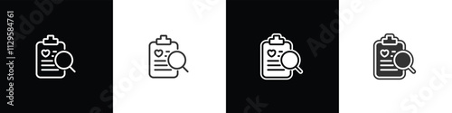 Health check data icons, Pharmacy icons, medicine, healthcare, community service icons, Medicine and Health Services in flat and linear shapes on black, white and transparent backgrounds.