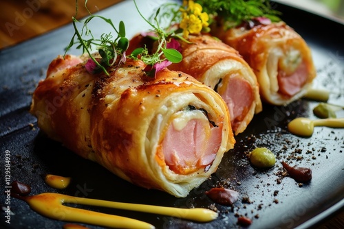 Cordon bleu dish chicken ham and cheddar rolls photo