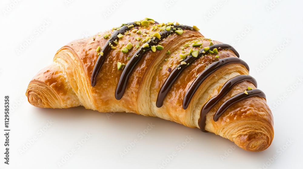 Pistachio cream-filled croissant, golden and flaky, with pistachio drizzle on top Pistachio cream-filled croissant, golden and flaky, with pistachio drizzle on top