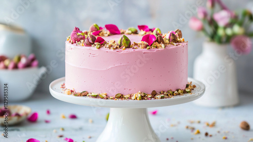 Pistachio and rosewater cake with pink frosting, topped with crushed nuts and edible petals, on a white cake stand