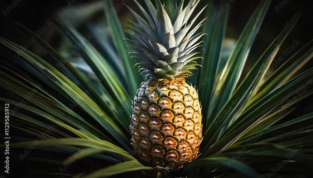 An AI-generated ripe pineapple sits on green, lush leaves in nature setting High quality pho An AI-generated ripe pineapple sits on green, lush leaves in nature setting High quality pho