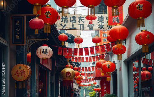 A bustling Chinese street filled with vibrant red lanterns and festive banners, celebrating Lunar New Year. The scene reflects cultural pride, prosperity, and the joy of community traditions. photo