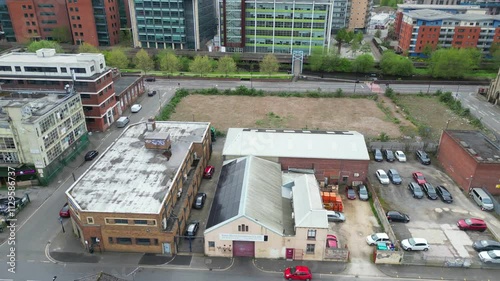 High Angle View of Historical Sheffield City Which is Located at English county of South Yorkshire United Kingdom. Aerial View of City Was Captured with Drone's Camera on April 29th, 2024 photo