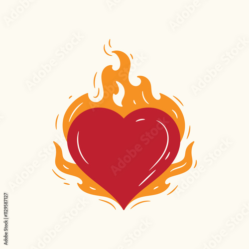 Heart on Fire. Burning Heart Symbol of Love and Passion for Valentine day design. Hand drawn vector illustration.