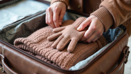 Hands packing a suitcase with cozy sweaters, gloves, and a camera for a winter getaway, stylishly organized in mocha mousse tones, concept of travel marketing and winter holiday promotions photo