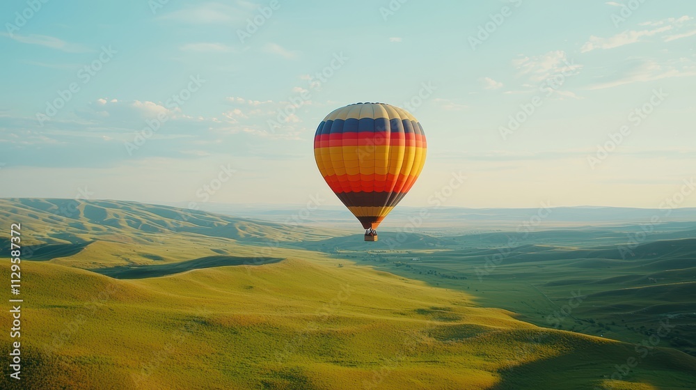 Obraz premium A colorful hot air balloon floats above green hills under a clear blue sky, showcasing a serene landscape and the beauty of flight.