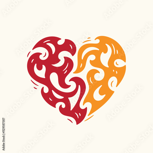 Heart in Fire. Burning Heart Symbol of Love and Passion for Valentine day design. Hand drawn vector illustration.